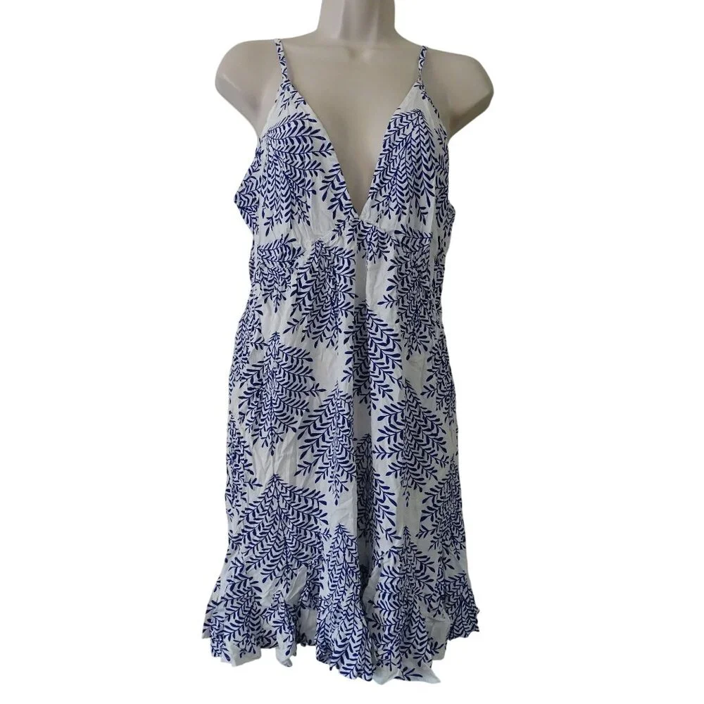 Cupshe Women Blue White Dress Size L Plunge Rayon Ruffle Hem Summer Beach NEW